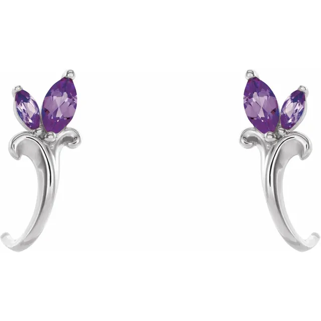 14K White Amethyst Floral-Inspired J-Hoop Earrings