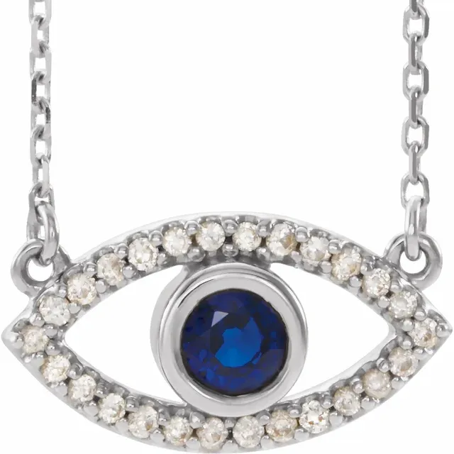14K White Blue Sapphire & White Sapphire Evil Eye 18" Necklace-