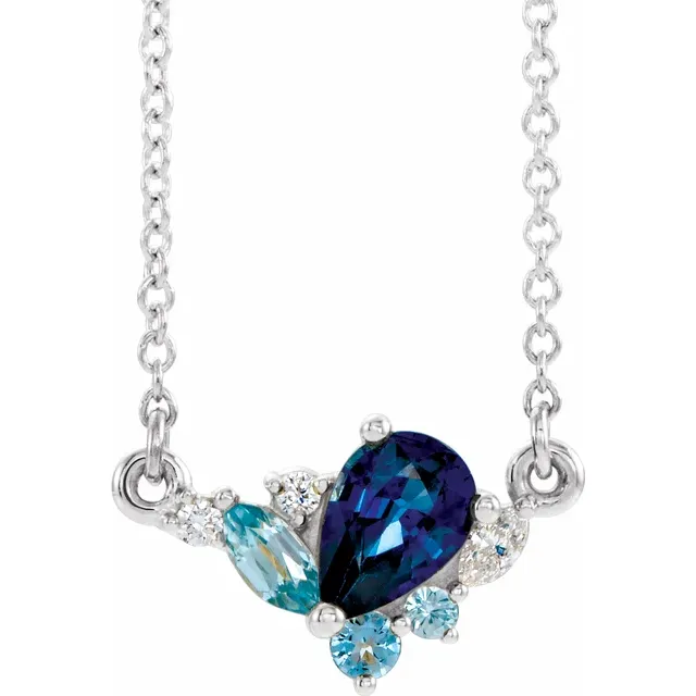14K White Multi-Gemstone & .06 CTW Diamond 16" Necklace-