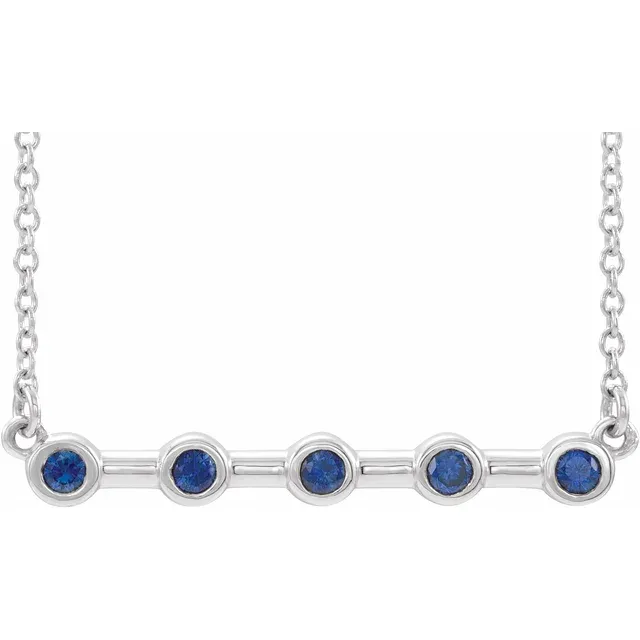 14K White Blue Sapphire Bezel-Set 16" Bar Necklace-