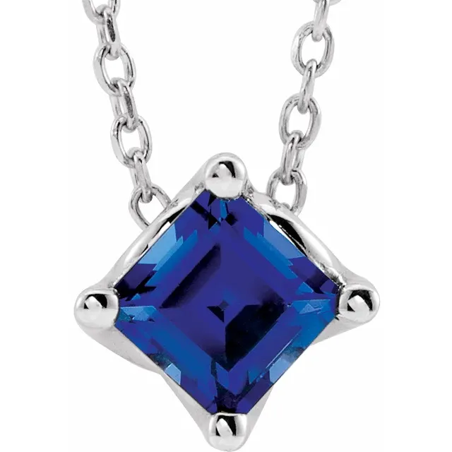 14K White Blue Sapphire Solitaire 16-18" Necklace-