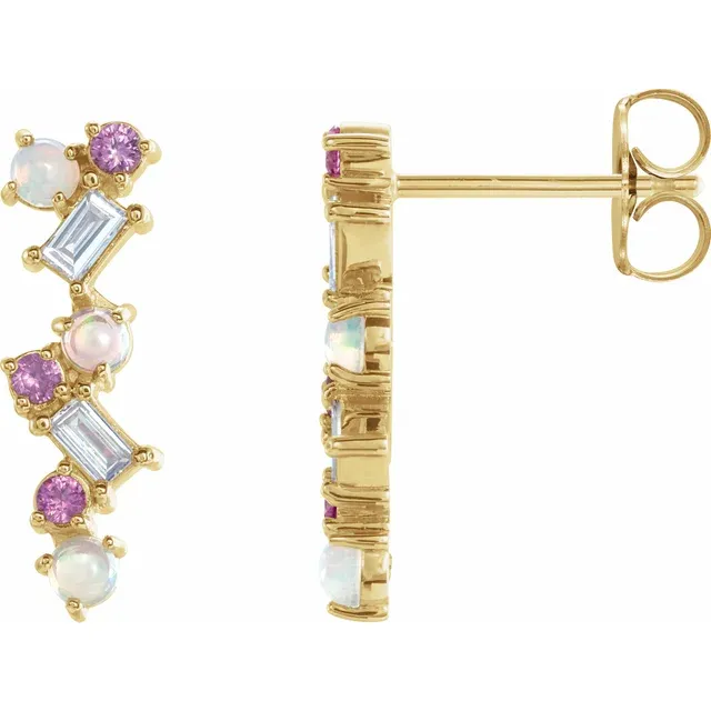 14K Yellow Ethiopian Opal, Pink Sapphire & 1/10 CTW Diamond Scattered Bar Earrings-