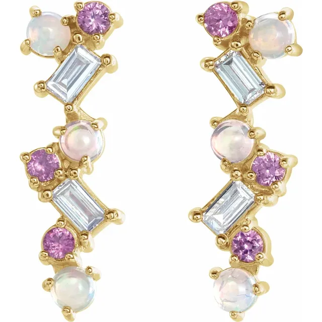 14K Yellow Ethiopian Opal, Pink Sapphire & 1/10 CTW Diamond Scattered Bar Earrings-