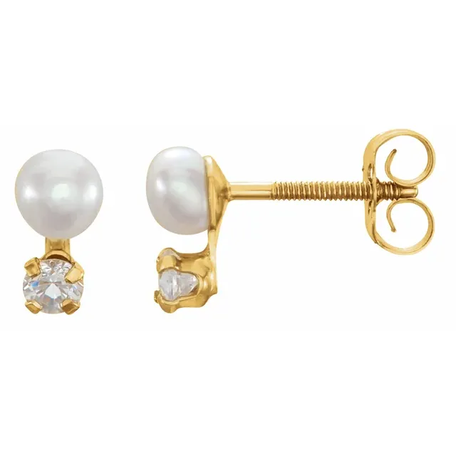 14K Yellow Freshwater Cultured Pearl & Cubic Zirconia Earrings-