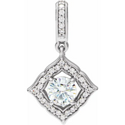 14K White 5 mm Round Forever One™ Moissanite & 1/8 CTW Diamond Pendant-