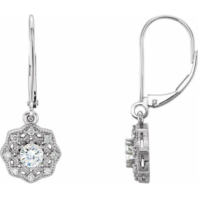 14K White 4 mm Round Forever One Moissanite & 1/8 CTW Diamond Earrings-