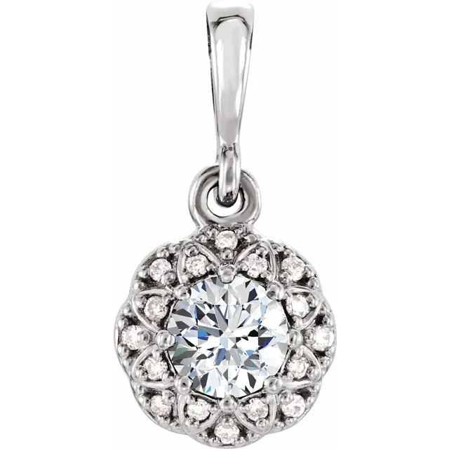 14K White 4 mm Round Forever One Moissanite & .04 CTW Diamond Pendant-