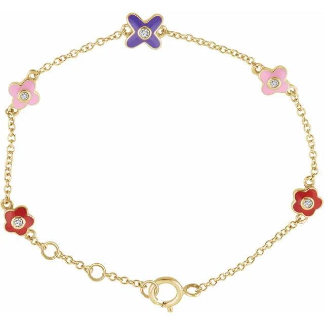 10K Yellow .04 CTW Diamond Youth Flower 7" Bracelet-