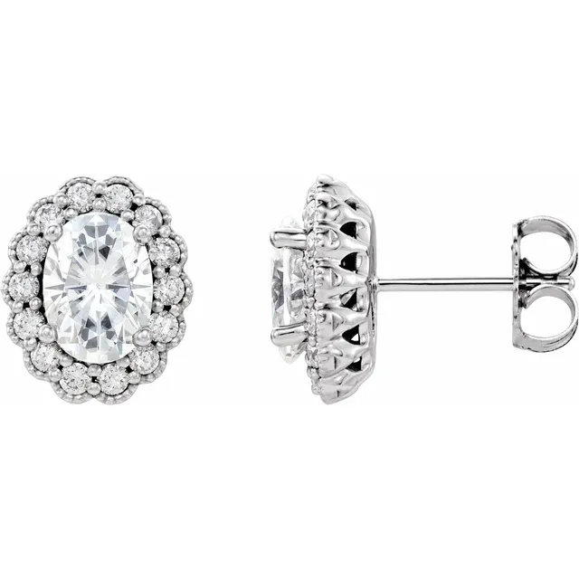 14K White 7x5 Oval Forever One Moissanite & 3/8 CTW Diamond Earrings-