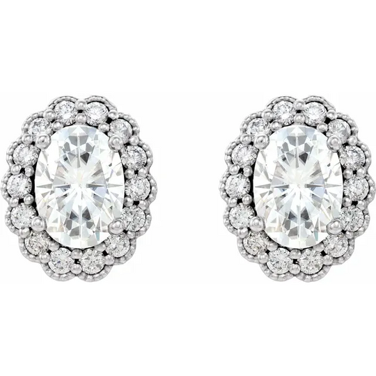 14K White 7x5 Oval Forever One Moissanite & 3/8 CTW Diamond Earrings