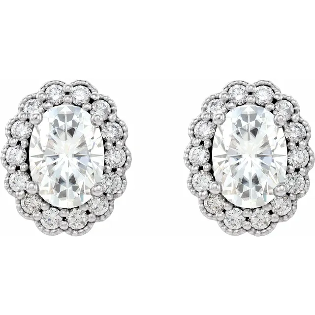 14K White 7x5 Oval Forever One Moissanite & 3/8 CTW Diamond Earrings-