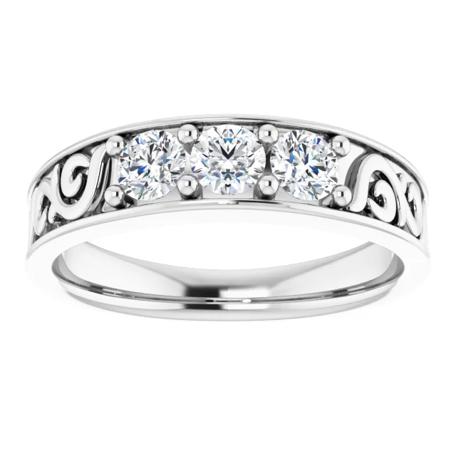 14K White 3/4 CTW Diamond Three-Stone Scroll Ring-