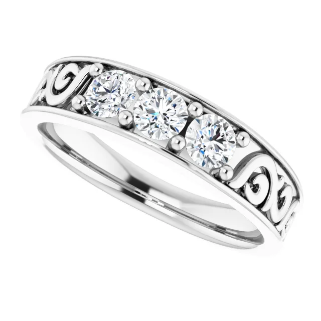14K White 3/4 CTW Diamond Three-Stone Scroll Ring-