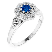 14K White Blue Sapphire & .06 CTW Diamond Ring Vintage-Inspired Halo-Style Ring-