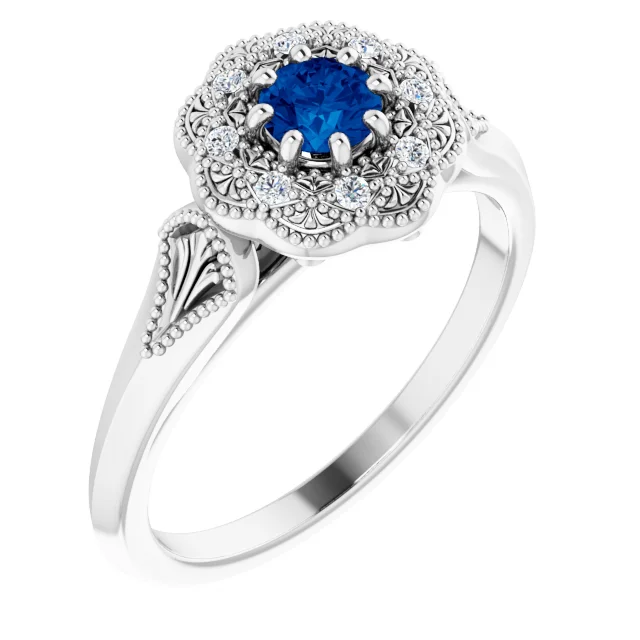 14K White Blue Sapphire & .06 CTW Diamond Ring Vintage-Inspired Halo-Style Ring-