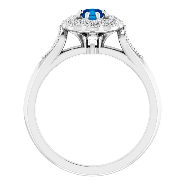 14K White Blue Sapphire & .06 CTW Diamond Ring Vintage-Inspired Halo-Style Ring-
