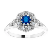 14K White Blue Sapphire & .06 CTW Diamond Ring Vintage-Inspired Halo-Style Ring-