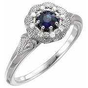 14K White Blue Sapphire & .06 CTW Diamond Ring Vintage-Inspired Halo-Style Ring-