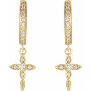 14K Yellow 1/8 CTW Diamond Cross Hinged Hoop Earrings-