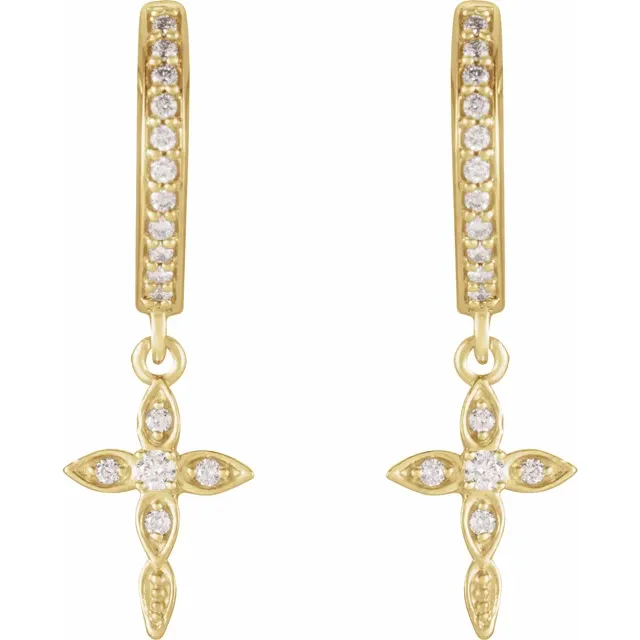 14K Yellow 1/8 CTW Diamond Cross Hinged Hoop Earrings-