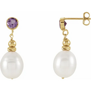 14K Yellow Freshwater Pearl & Amethyst Earrings-