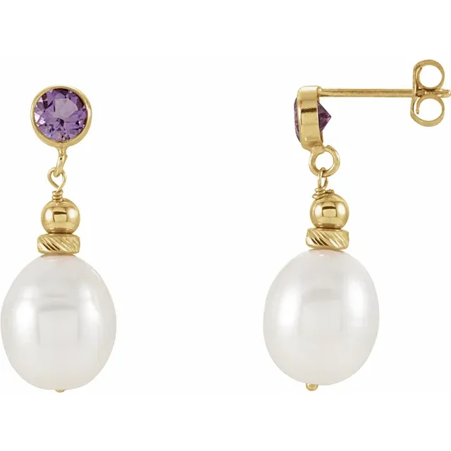14K Yellow Freshwater Pearl & Amethyst Earrings-