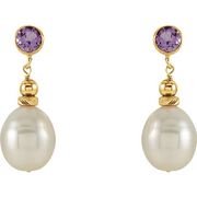 14K Yellow Freshwater Pearl & Amethyst Earrings-
