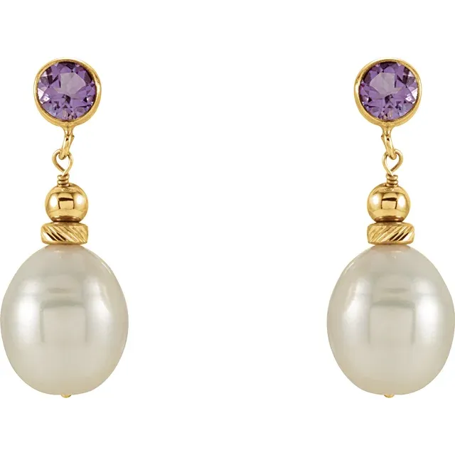 14K Yellow Freshwater Pearl & Amethyst Earrings-