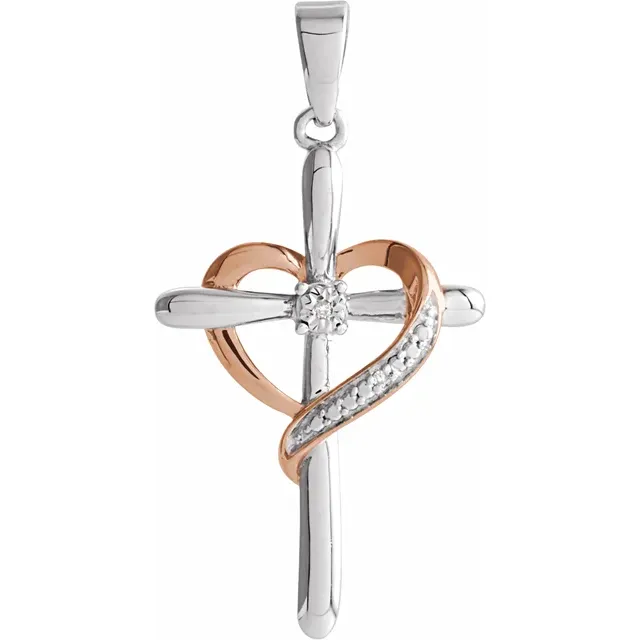 Sterling Silver 31x15.7 mm Diamond Heart Cross Pendant-