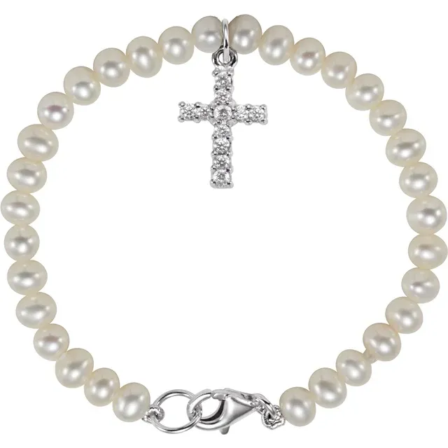 Sterling Silver Freshwater Pearl & Cubic Zirconia Cross 5.5" Bracelet-