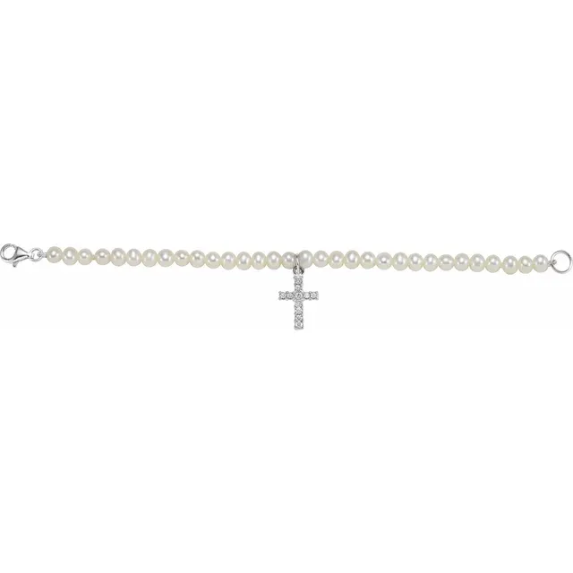 Sterling Silver Freshwater Pearl & Cubic Zirconia Cross 5.5" Bracelet-
