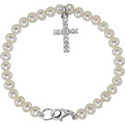 Sterling Silver Freshwater Pearl & Cubic Zirconia Cross 5.5" Bracelet-