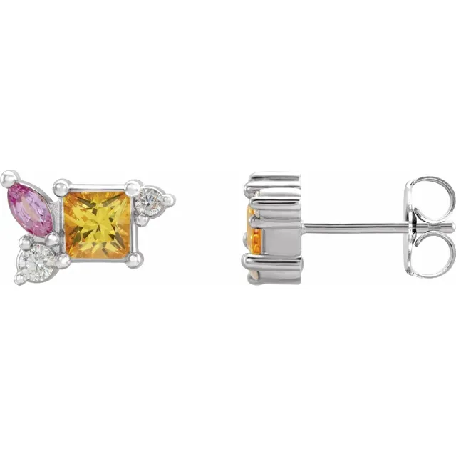 14K White Yellow Sapphire, Pink Sapphire, & 1/8 CTW Diamond Earrings-