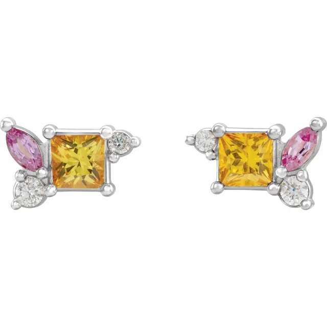 14K White Yellow Sapphire, Pink Sapphire, & 1/8 CTW Diamond Earrings-