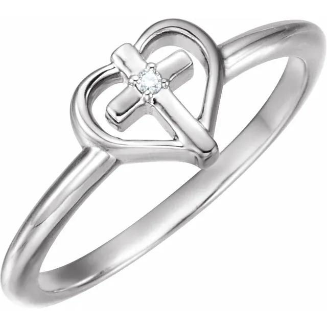 14K White .01 CT Diamond Cross with Heart Ring-