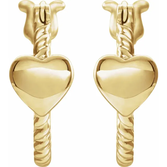 14K Yellow 14 mm Heart Rope Hoop Earrings-