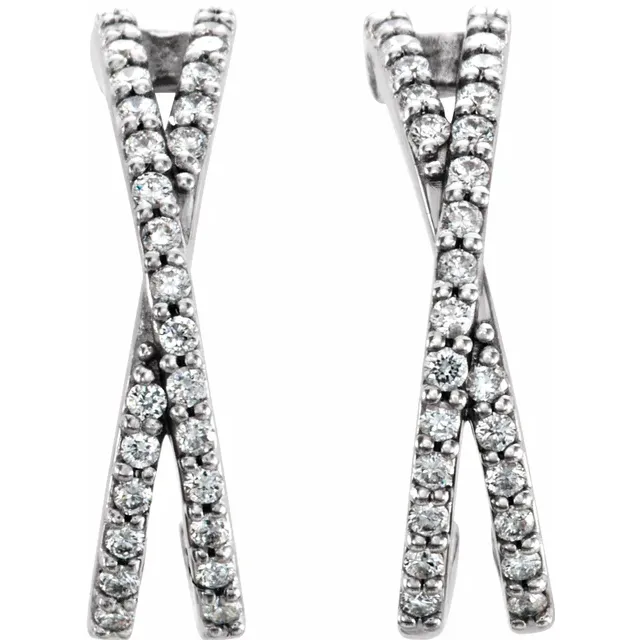 14K White 1/4 CTW Diamond Criss-Cross J-Hoop Earrings-