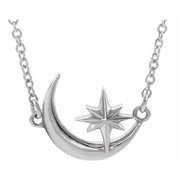 14K White Crescent Moon & Star 16-18" Necklace-