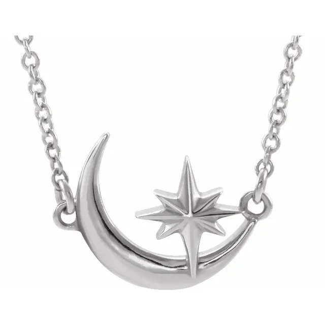 14K White Crescent Moon & Star 16-18" Necklace-