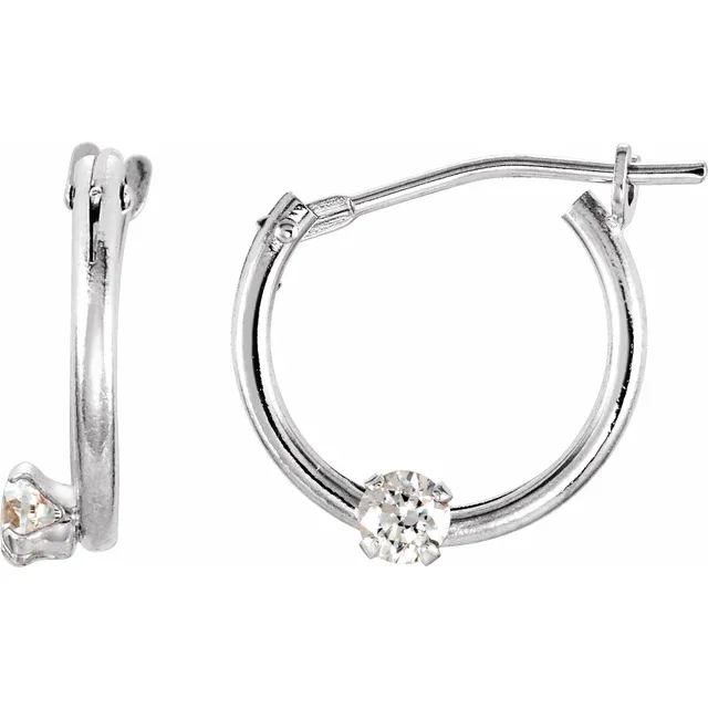 14K White 2.5 mm Round Cubic Zirconia Youth Hinged Hoop Earrings-