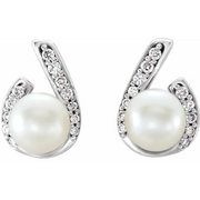 14K White Freshwater Pearl & 1/10 CTW Diamond Earrings-