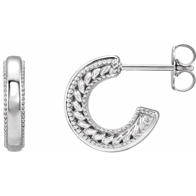 14K White Floral-Inspired Milgrain Hoop Earrings-