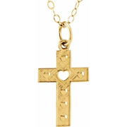 14K Yellow Pierced Heart Cross 15" Necklace-