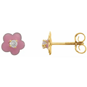 14K Yellow 2 mm Round Cubic Zirconia Youth Pink Enamel Flower Earrings-