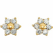 14K Yellow 1.5 mm Round Cubic Zirconia Youth Floral-Inspired Earrings-