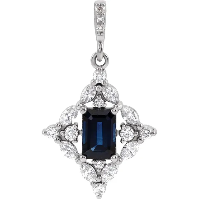 14K White Blue Sapphire & 1/3 CTW Diamond 16-18" Necklace-