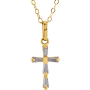 14K Yellow 3x1.5 mm Tapered Baguette Cubic Zirconia Youth Cross 15" Necklace-
