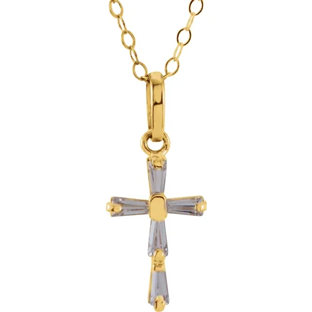 14K Yellow 3x1.5 mm Tapered Baguette Cubic Zirconia Youth Cross 15" Necklace-