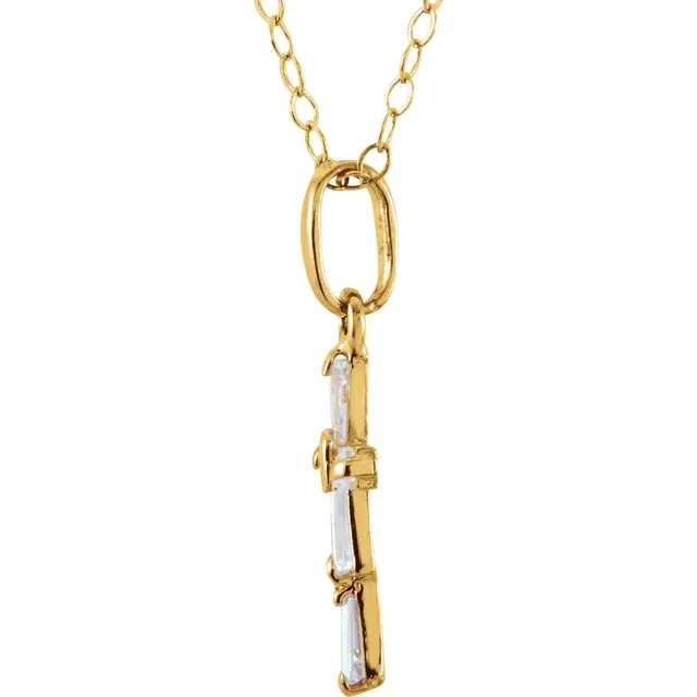 14K Yellow 3x1.5 mm Tapered Baguette Cubic Zirconia Youth Cross 15" Necklace-