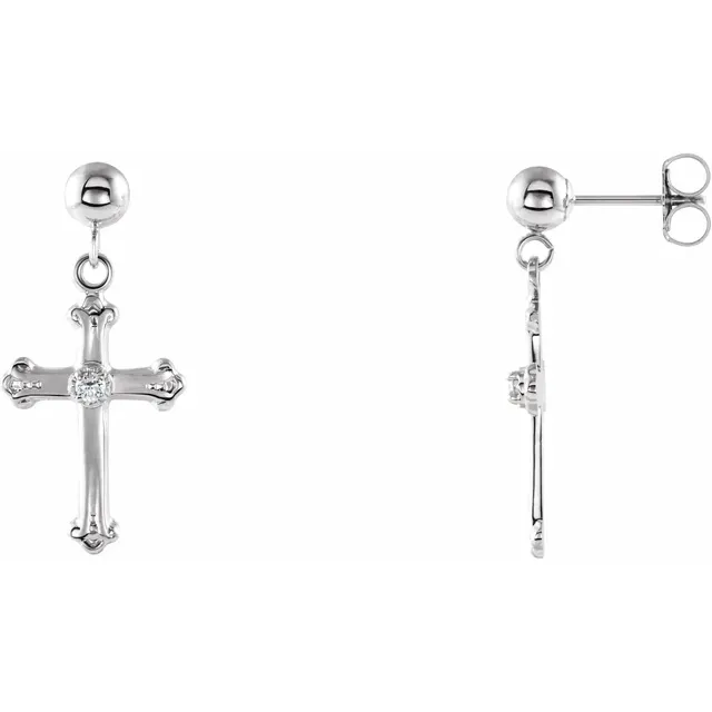 14K White Diamond Cross & Ball Earrings-